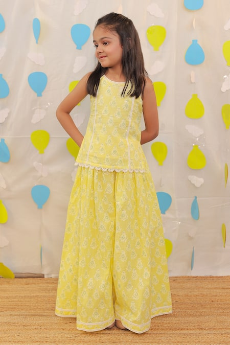 Shop_Tiny Colour_Yellow Cotton Lace Block Printed Kurta And Sharara Set _Online_at_Aza_Fashions