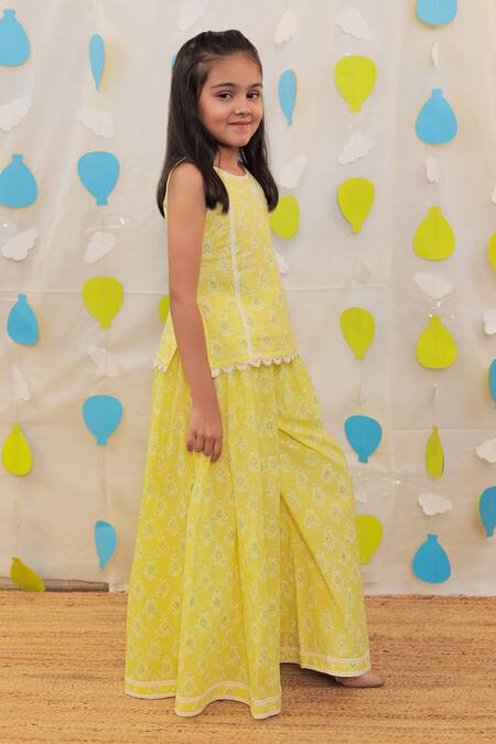 Tiny Colour_Yellow Cotton Lace Block Printed Kurta And Sharara Set _at_Aza_Fashions