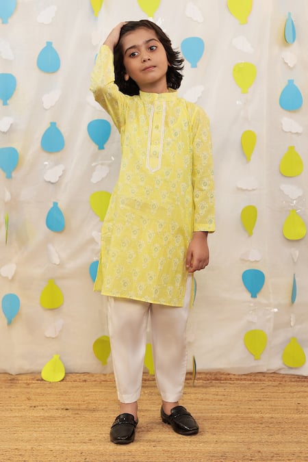 Tiny Colour_Yellow Cotton Lace Block Printed Kurta Set _Online_at_Aza_Fashions