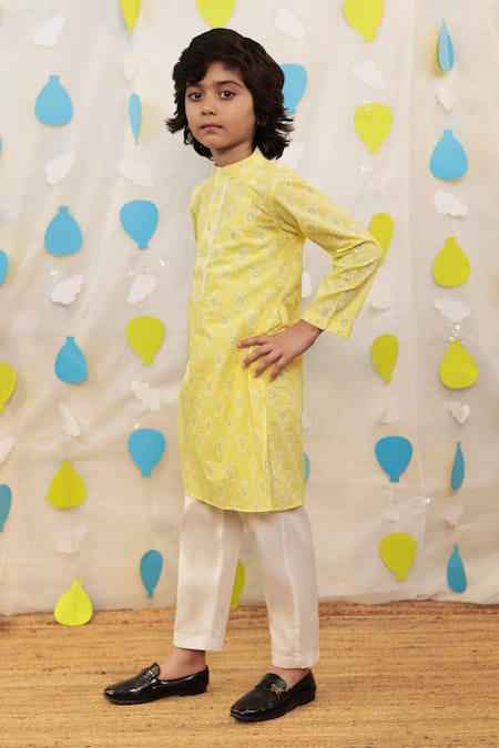 Buy_Tiny Colour_Yellow Cotton Lace Block Printed Kurta Set _Online_at_Aza_Fashions