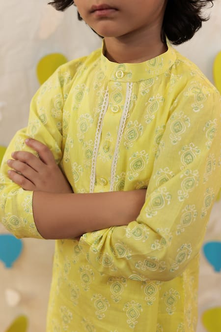 Shop_Tiny Colour_Yellow Cotton Lace Block Printed Kurta Set _Online_at_Aza_Fashions