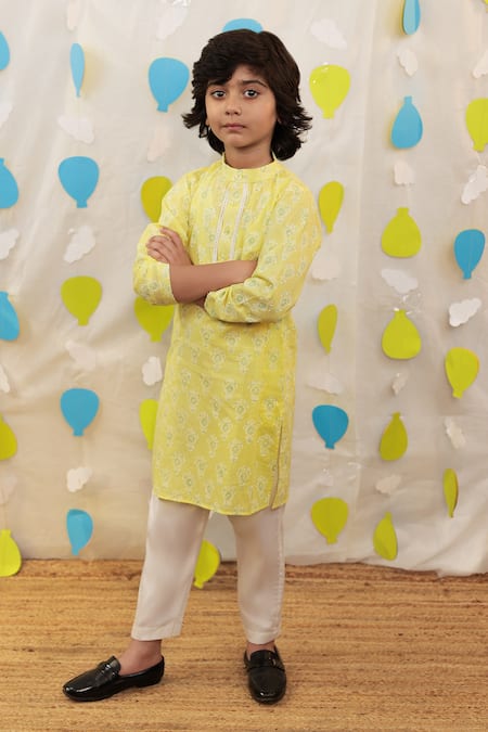Tiny Colour_Yellow Cotton Lace Block Printed Kurta Set _at_Aza_Fashions