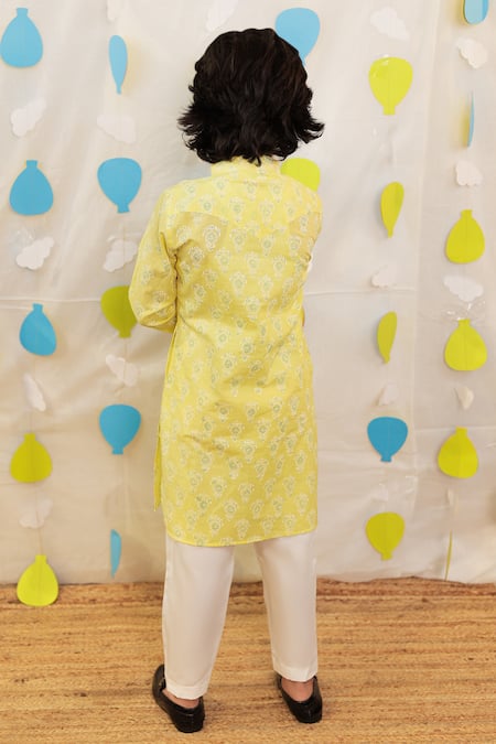 Tiny Colour Block Printed Yellow Kurta Set 