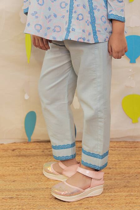 Tiny Colour_Blue Cotton Lace Block Printed Kurti Set _Online_at_Aza_Fashions