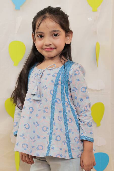 Buy_Tiny Colour_Blue Cotton Lace Block Printed Kurti Set _Online_at_Aza_Fashions