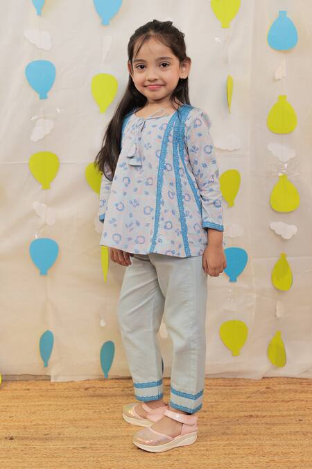 Shop_Tiny Colour_Blue Cotton Lace Block Printed Kurti Set _Online_at_Aza_Fashions