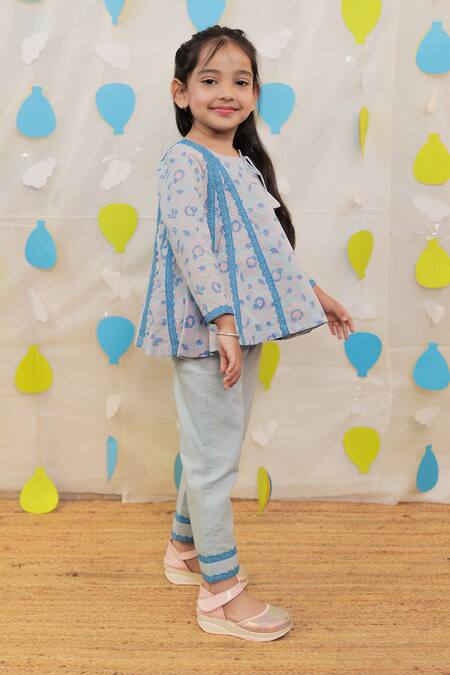 Tiny Colour_Blue Cotton Lace Block Printed Kurti Set _at_Aza_Fashions