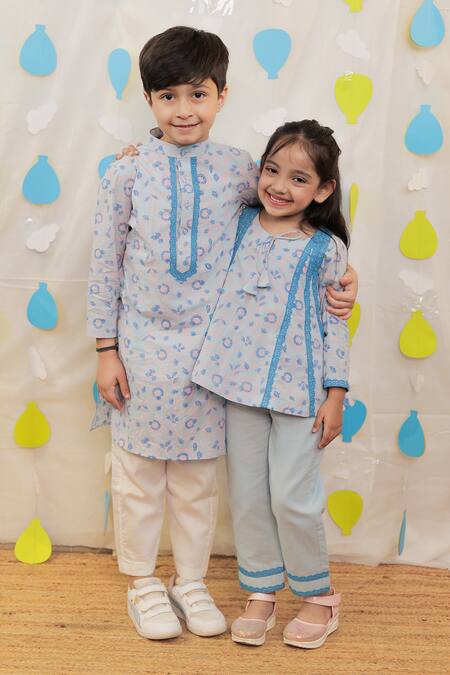 Buy_Tiny Colour_Blue Cotton Lace Block Printed Kurti Set 