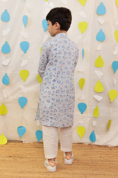 Tiny Colour Blue Block Printed Kurta Set 