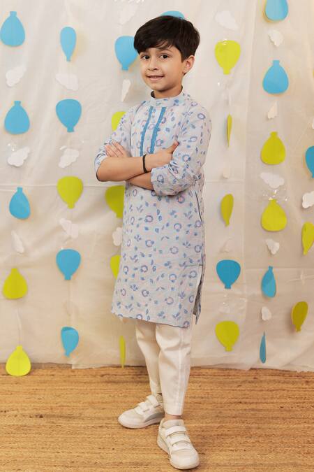 Buy_Tiny Colour_Blue Cotton Lace Block Printed Kurta Set _Online_at_Aza_Fashions