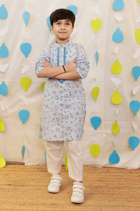 Shop_Tiny Colour_Blue Cotton Lace Block Printed Kurta Set _Online_at_Aza_Fashions