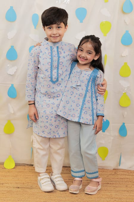 Tiny Colour_Blue Cotton Lace Block Printed Kurta Set _at_Aza_Fashions