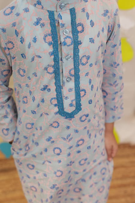 Buy_Tiny Colour_Blue Cotton Lace Block Printed Kurta Set 