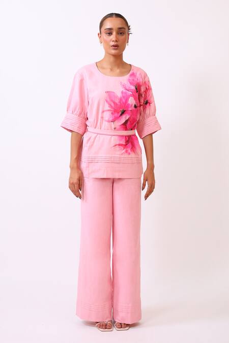 BAANI KHURANA_Pink Cotton, Linen Embroidery Round Neck Floral Print Top And Pant Set _Online_at_Aza_Fashions