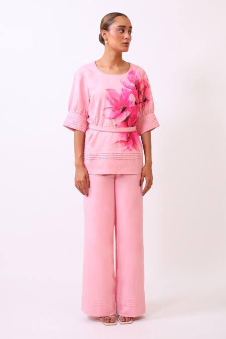 Buy_BAANI KHURANA_Pink Cotton, Linen Embroidery Round Neck Floral Print Top And Pant Set _Online_at_Aza_Fashions