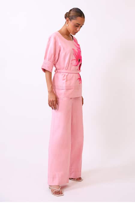 BAANI KHURANA_Pink Cotton, Linen Embroidery Round Neck Floral Print Top And Pant Set _at_Aza_Fashions