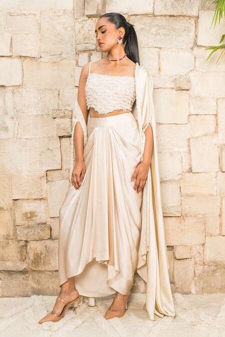 J By Jannat_Off White Satin, Shantoon Beads Open Neck, Embroidered Cape And Draped Skirt Set _Online_at_Aza_Fashions