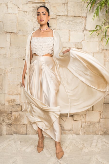 Shop_J By Jannat_Off White Satin, Shantoon Beads Open Neck, Embroidered Cape And Draped Skirt Set _Online_at_Aza_Fashions