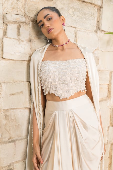 J By Jannat_Off White Satin, Shantoon Beads Open Neck, Embroidered Cape And Draped Skirt Set _at_Aza_Fashions