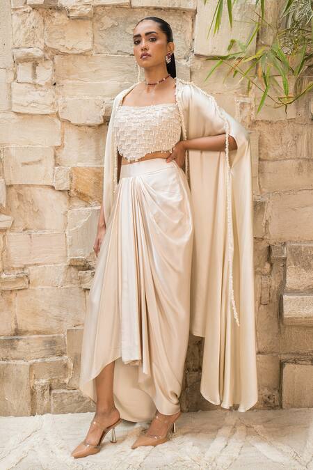 Buy_J By Jannat_Off White Satin, Shantoon Beads Open Neck, Embroidered Cape And Draped Skirt Set 