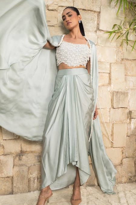 J By Jannat_Blue Satin Beads, Embroidery Open , Square Bustier And Draped Skirt Set _Online_at_Aza_Fashions