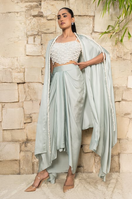 J By Jannat Blue Satin Beads, Embroidery Open , Square Bustier And Draped Skirt Set 