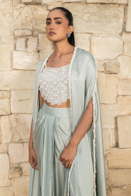 Shop_J By Jannat_Blue Satin Beads, Embroidery Open , Square Bustier And Draped Skirt Set _Online_at_Aza_Fashions