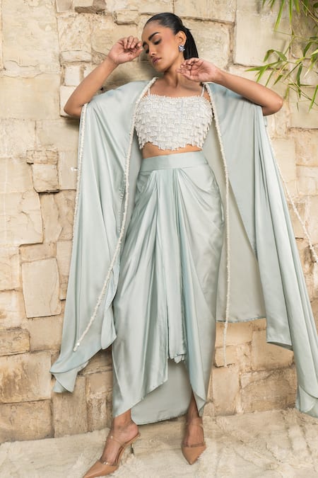 J By Jannat_Blue Satin Beads, Embroidery Open , Square Bustier And Draped Skirt Set _at_Aza_Fashions