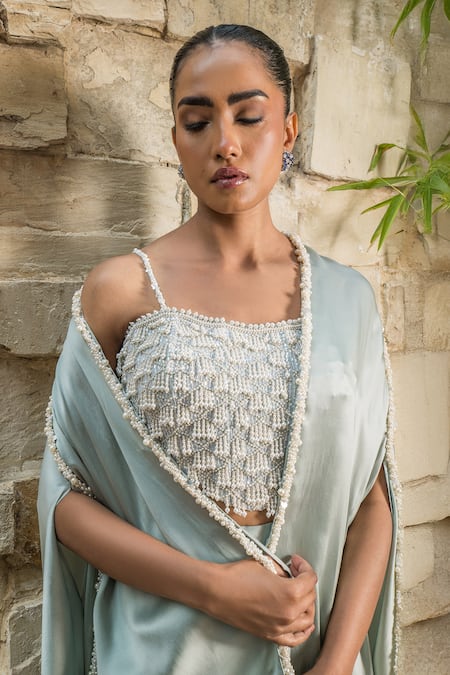 Shop_J By Jannat_Blue Satin Beads, Embroidery Open , Square Bustier And Draped Skirt Set 