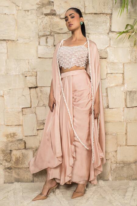 J By Jannat_Pink Satin, Shantoon Beads Open Neck, Square Dust Rose Embroidered Cape Set _Online_at_Aza_Fashions