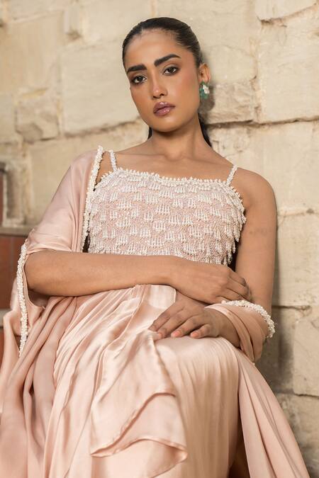 Buy_J By Jannat_Pink Satin, Shantoon Beads Open Neck, Square Dust Rose Embroidered Cape Set _Online_at_Aza_Fashions