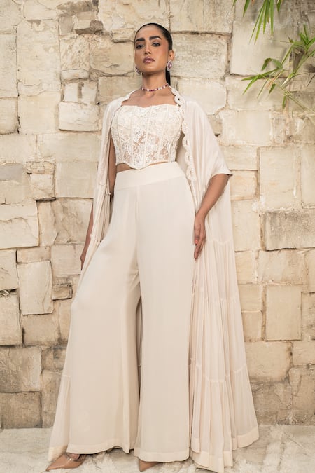 J By Jannat Ivory Georgette, Silk Embroidery Open , Square Cape Set 