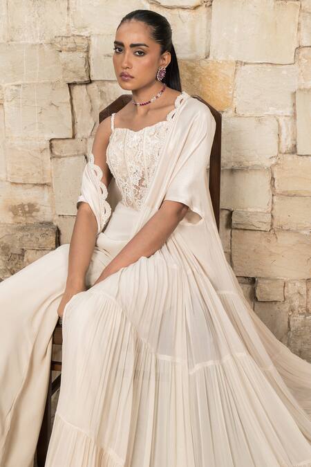 Buy_J By Jannat_Ivory Georgette, Silk Embroidery Open , Square Cape Set _Online_at_Aza_Fashions