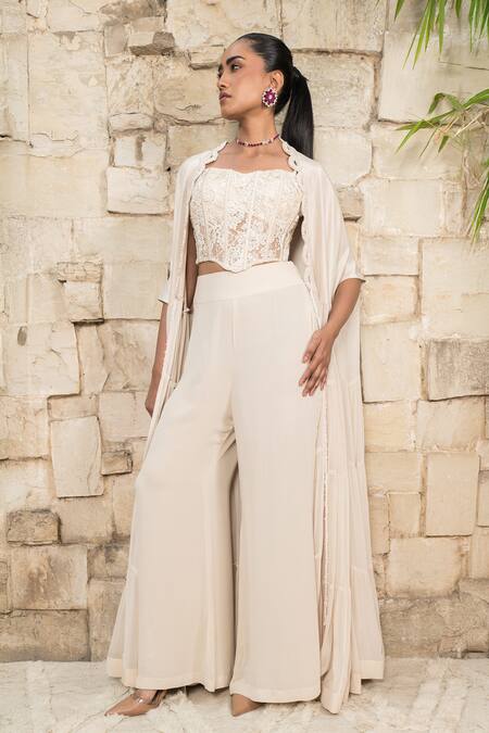 Shop_J By Jannat_Ivory Georgette, Silk Embroidery Open , Square Cape Set _Online_at_Aza_Fashions