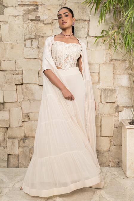 J By Jannat_Ivory Georgette, Silk Embroidery Open , Square Cape Set _at_Aza_Fashions