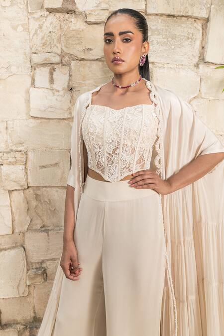 Buy_J By Jannat_Ivory Georgette, Silk Embroidery Open , Square Cape Set 