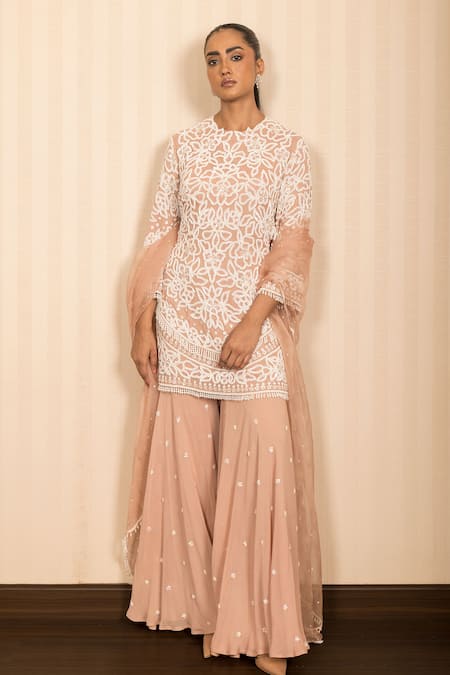J By Jannat Pink Georgette, Organza, Shantoon Embroidery Round Neck Dust Rose Hand Set 