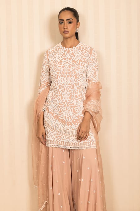 Shop_J By Jannat_Pink Georgette, Organza, Shantoon Embroidery Round Neck Dust Rose Hand Set _Online_at_Aza_Fashions