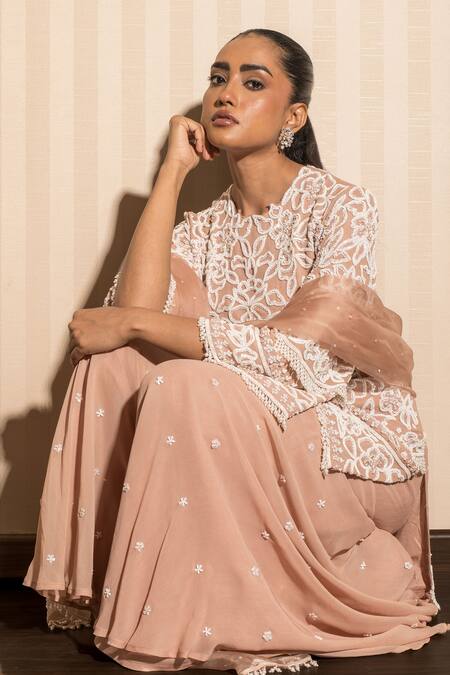 J By Jannat_Pink Georgette, Organza, Shantoon Embroidery Round Neck Dust Rose Hand Set _at_Aza_Fashions