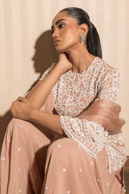 Buy_J By Jannat_Pink Georgette, Organza, Shantoon Embroidery Round Neck Dust Rose Hand Set 