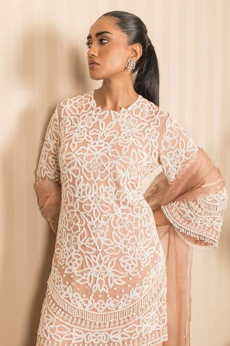 Shop_J By Jannat_Pink Georgette, Organza, Shantoon Embroidery Round Neck Dust Rose Hand Set 