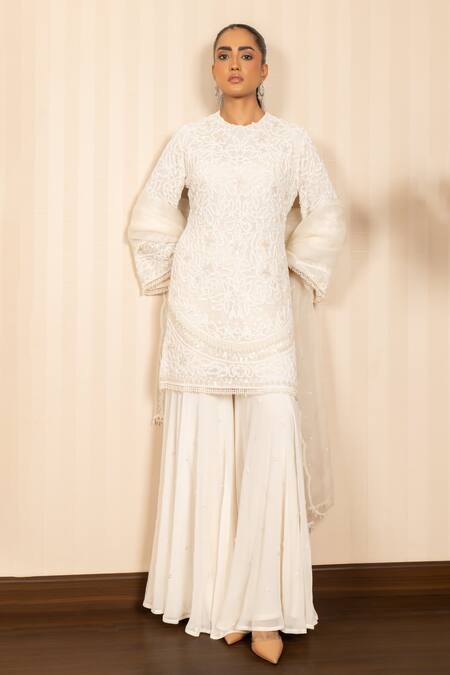 J By Jannat_Ivory Georgette, Organza Embroidery Round Neck Hand Kurta Sharara Set _Online_at_Aza_Fashions