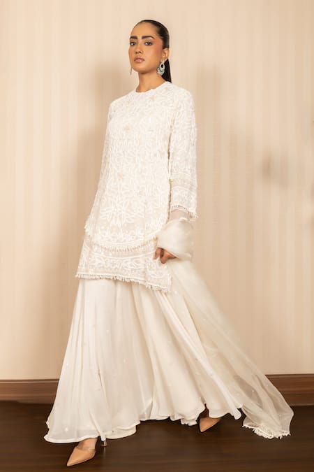 Buy_J By Jannat_Ivory Georgette, Organza Embroidery Round Neck Hand Kurta Sharara Set _Online_at_Aza_Fashions