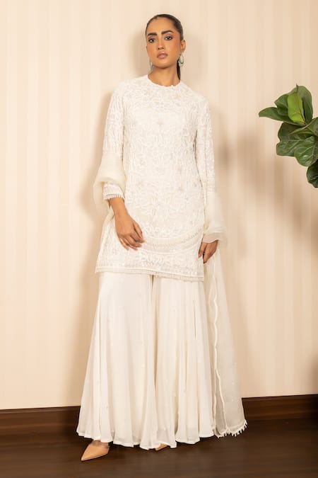 Shop_J By Jannat_Ivory Georgette, Organza Embroidery Round Neck Hand Kurta Sharara Set _Online_at_Aza_Fashions