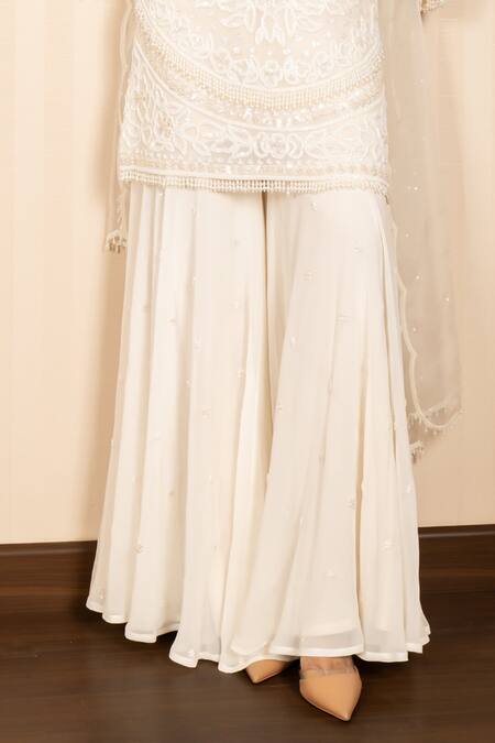 J By Jannat_Ivory Georgette, Organza Embroidery Round Neck Hand Kurta Sharara Set _at_Aza_Fashions