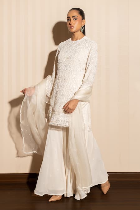 Shop_J By Jannat_Ivory Georgette, Organza Embroidery Round Neck Hand Kurta Sharara Set 