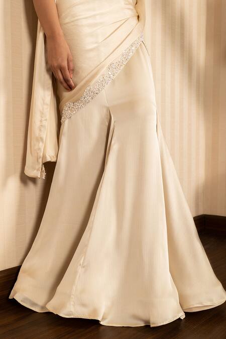 J By Jannat_Beige Satin, Chiffon, Shantoon Embroidery, Beads Pre-draped Saree With Blouse _Online_at_Aza_Fashions