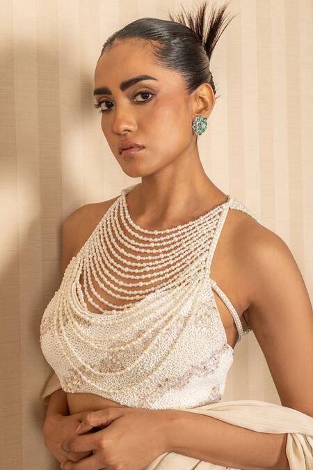 Shop_J By Jannat_Beige Satin, Chiffon, Shantoon Embroidery, Beads Pre-draped Saree With Blouse _Online_at_Aza_Fashions