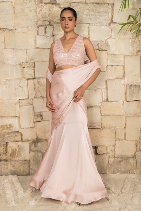 J By Jannat Blush Satin, Chiffon, Organza Embroidery Pink Blouse And Pre-draped Saree Set 