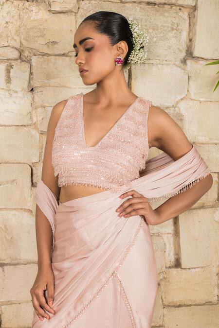 Buy_J By Jannat_Blush Satin, Chiffon, Organza Embroidery Pink Blouse And Pre-draped Saree Set _Online_at_Aza_Fashions